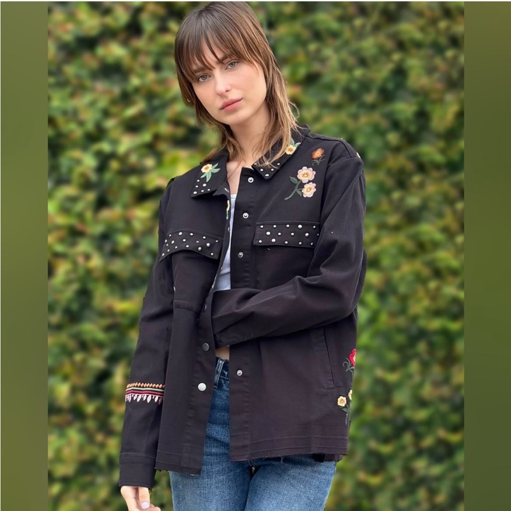 Billy T Back Embroidered Denim Jacket with Floral Embroidery
